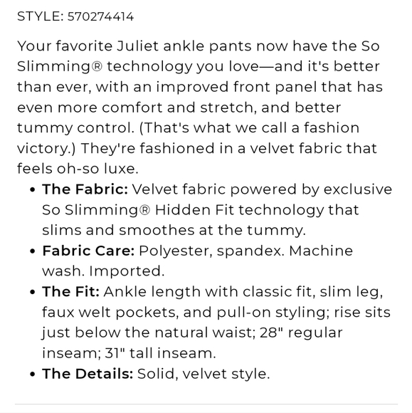 Chico's Juliet So Slimming Black Velvet Ankle Pant Size 2 - Picture 5 of 11